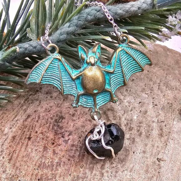 Flying Bat Nature Black Tourmaline Raw Stone Pendant Necklace - Picture 3 of 10